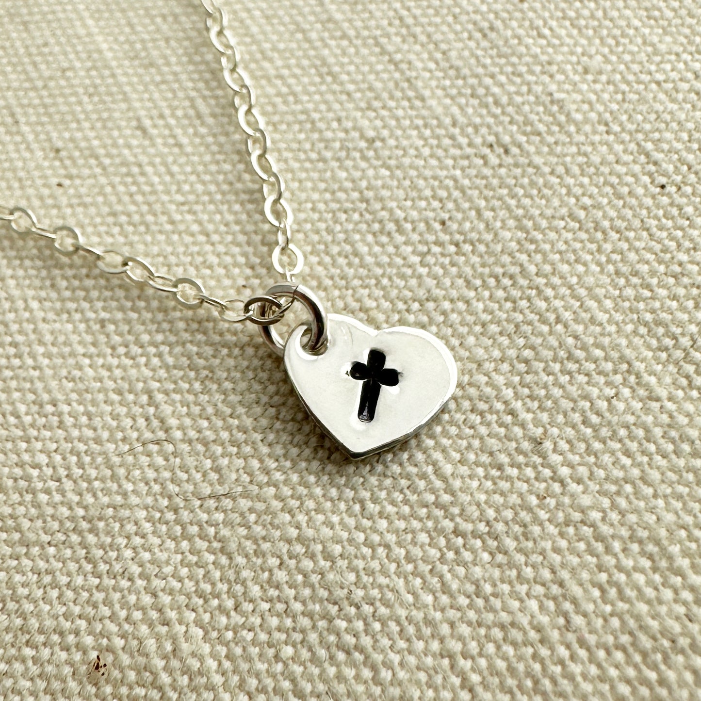 Tiny Silver Heart Charm with Cross Necklace