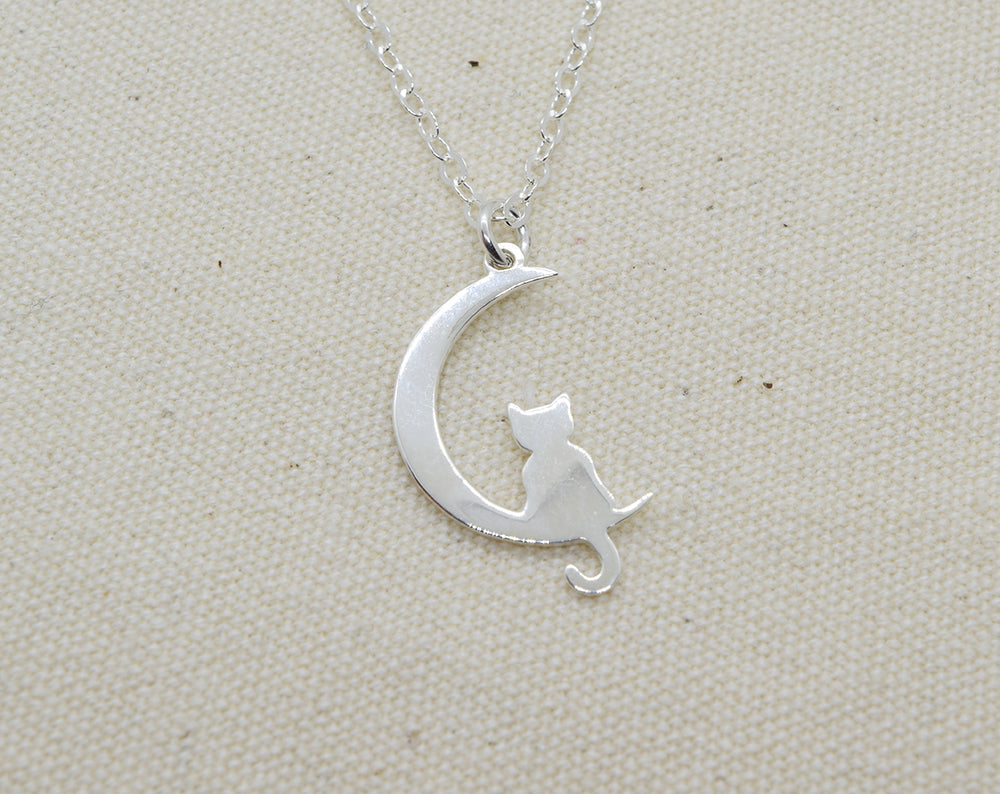 Sterling Silver Cat and Moon Charm Necklace