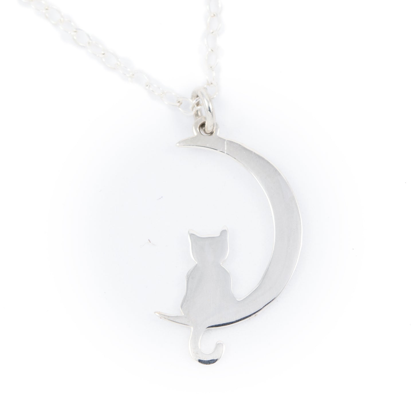 Sterling Silver Cat and Moon Charm Necklace