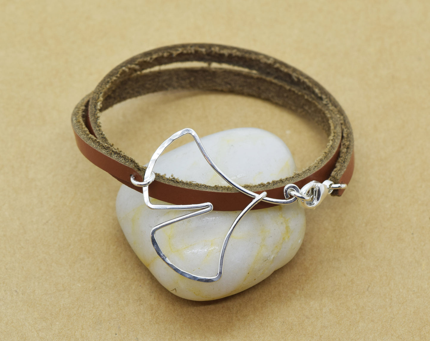 Ginkgo Leaf Leather Wrap Bracelet, Sterling Silver