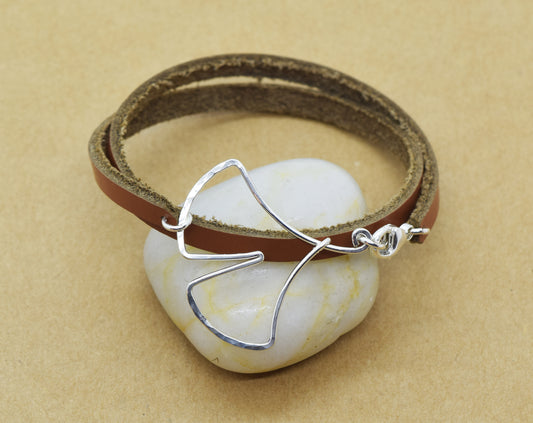 Ginkgo Leaf Leather Wrap Bracelet, Sterling Silver