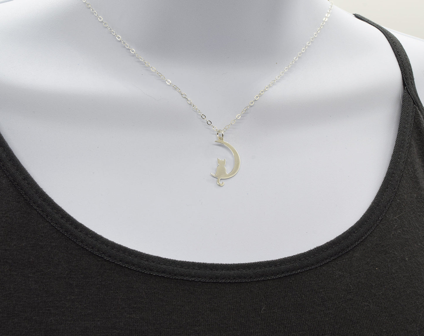 Sterling Silver Cat and Moon Charm Necklace