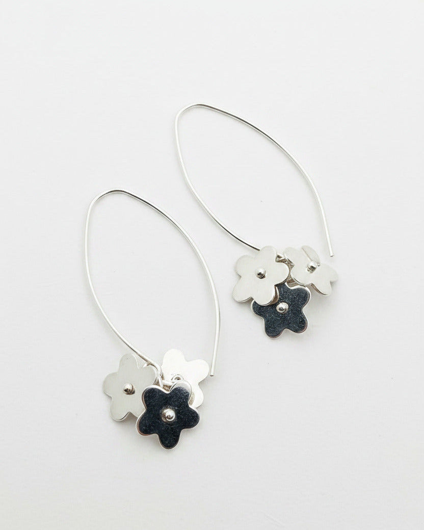 silver flower long dangle earrings