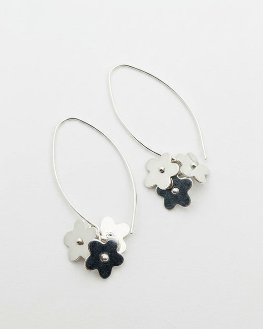 silver flower long dangle earrings