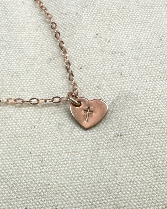 ON CLEARANCE Tiny Cross Heart Charm Rose Gold Necklace