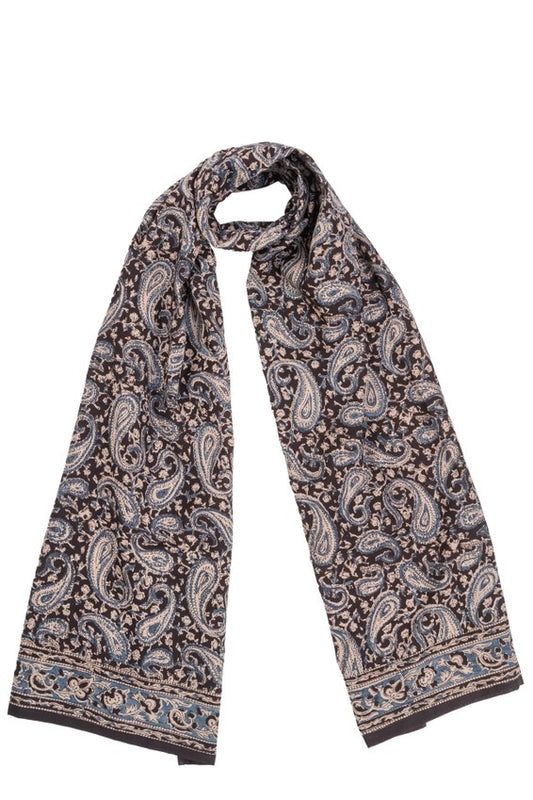 Long Cotton Scarf Featuring Vintage Paisley Design in Black, Blue and Beige