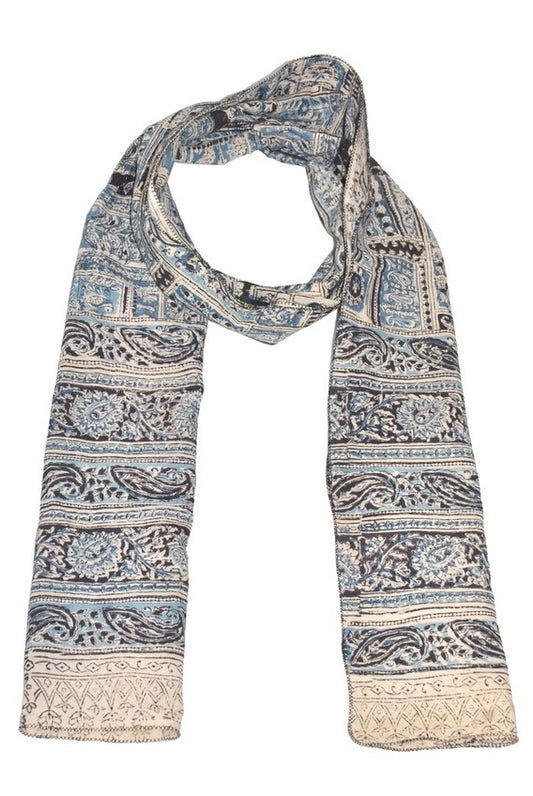 Long Cotton Scarf Featuring Floral and Paisley Pattern in Black, Blue and Cream