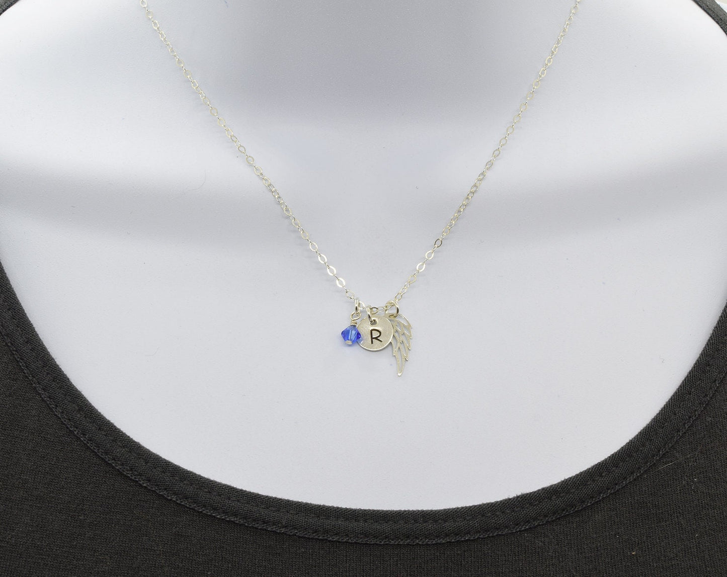 Sterling Silver Memory Wing Charm Necklace with Birthstone and Initial