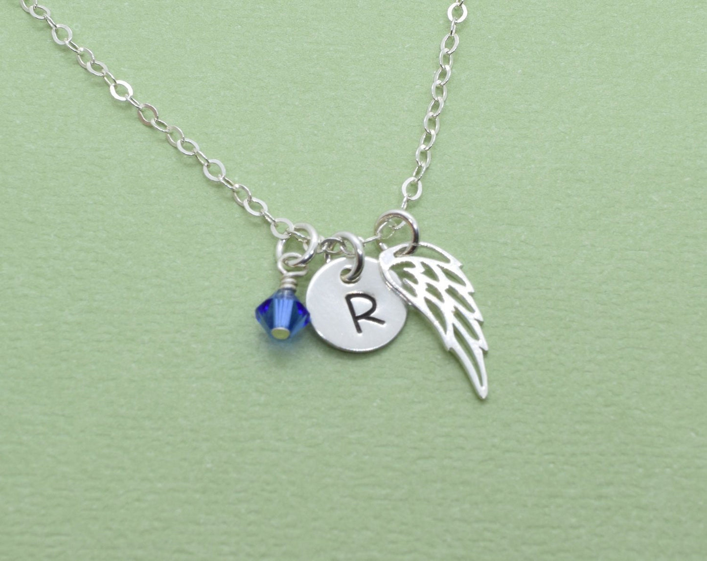Sterling Silver Memory Wing Charm Necklace with Birthstone and Initial