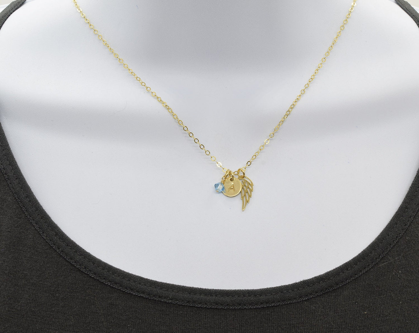 Gold Memory Wing Charm Necklace with Birthstone and Initial
