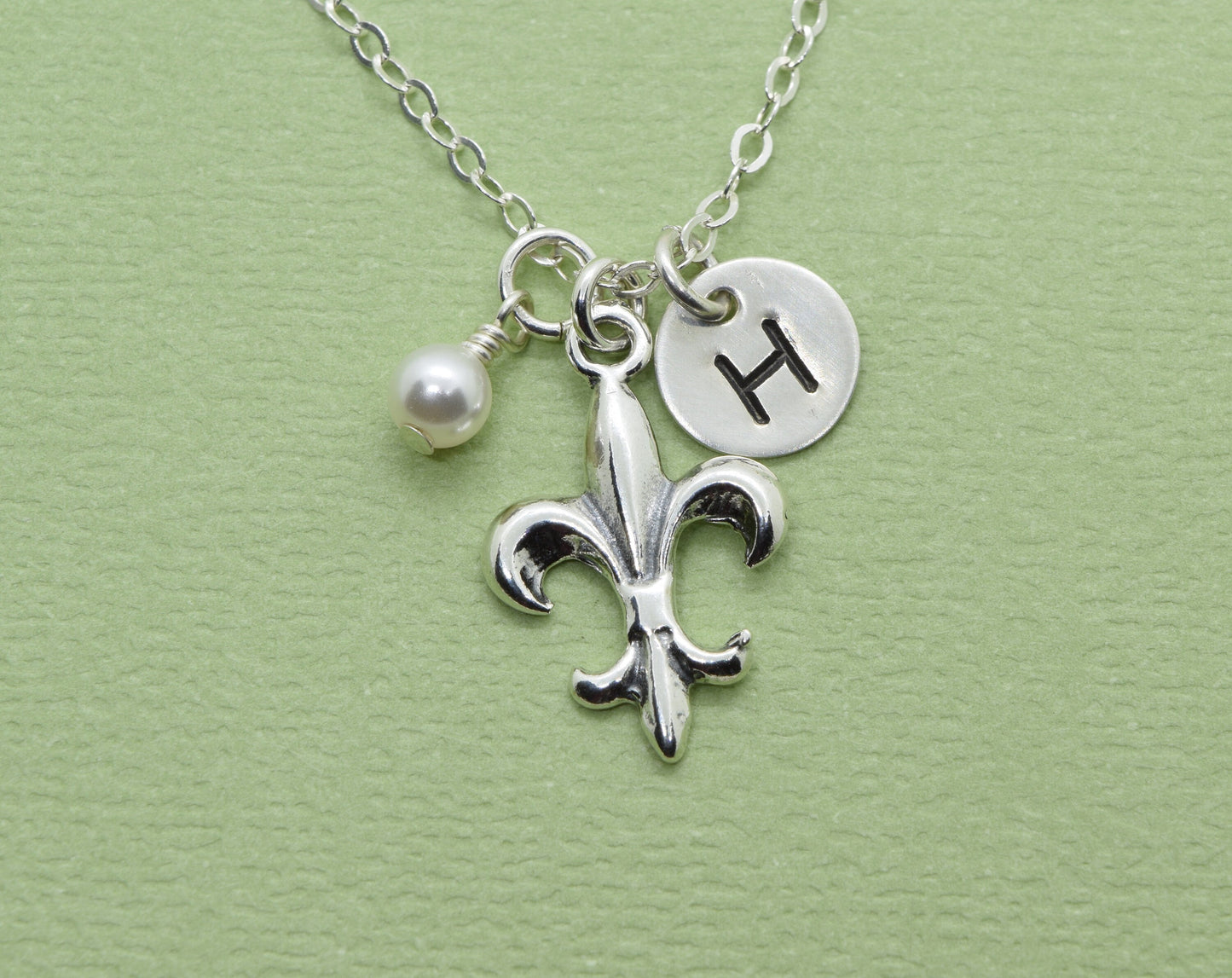 Sterling Silver Fleur-de-Lis Charm Necklace with optional initial and birthstone