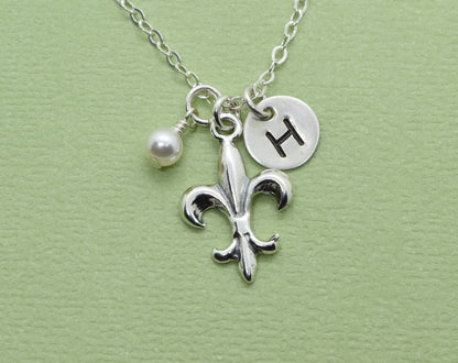 Sterling Silver Fleur-de-Lis Charm Necklace with optional initial and birthstone