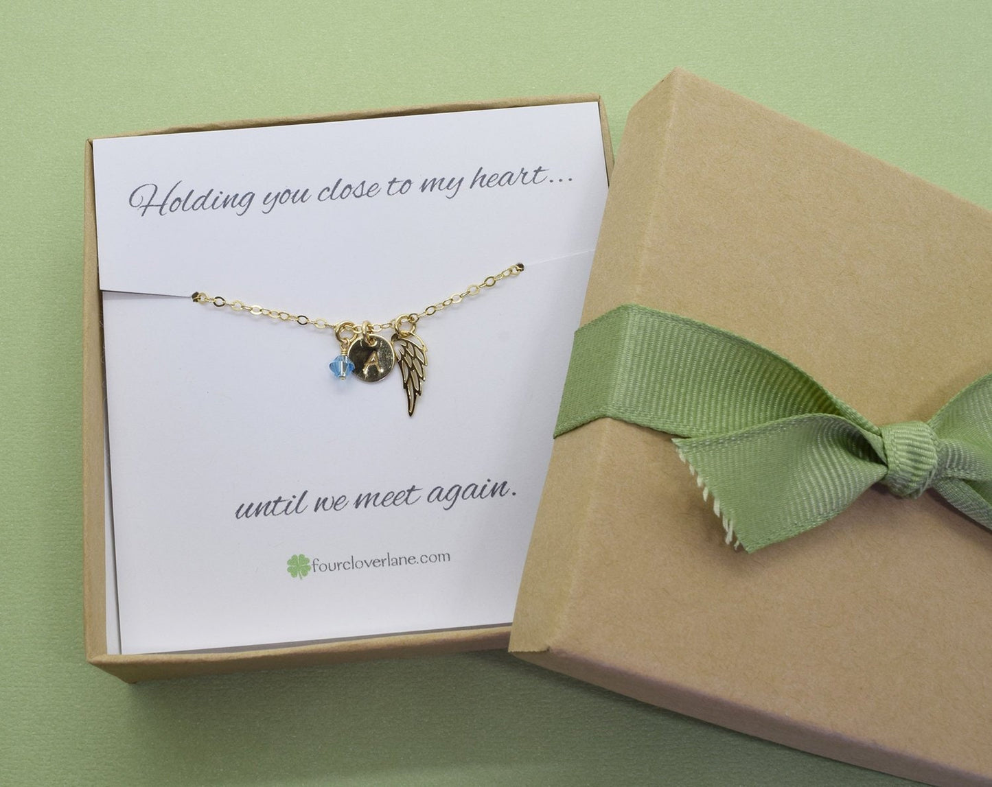 Gold Memory Wing Charm Necklace with Birthstone and Initial