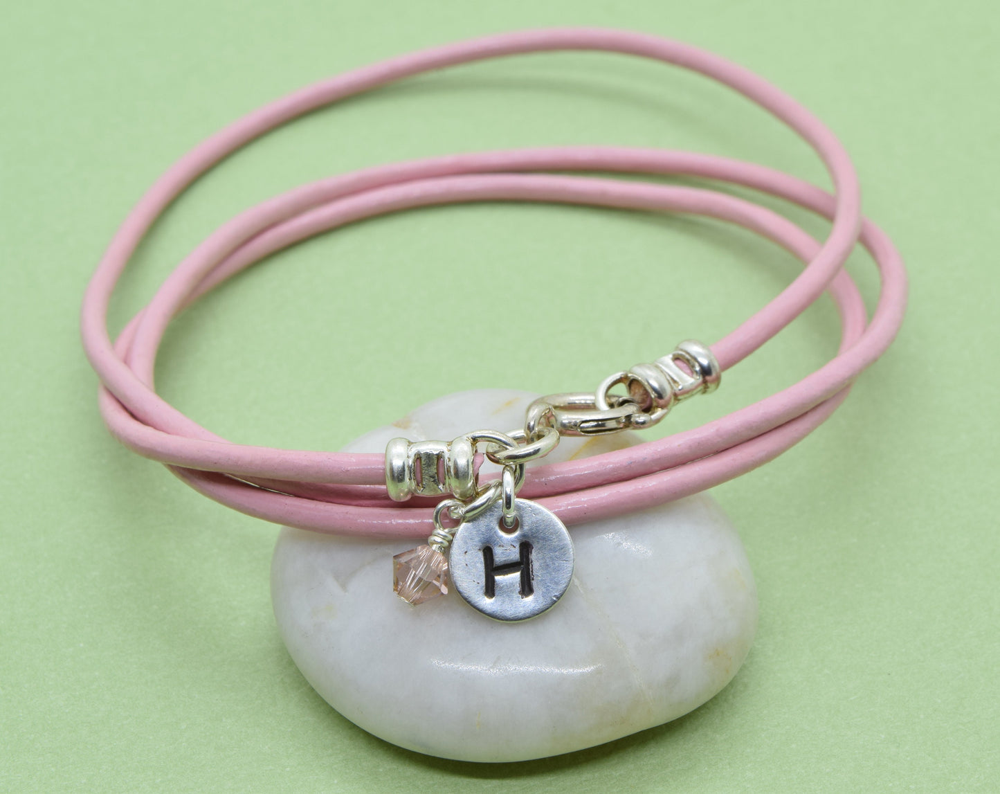 Sterling Silver Initial Leather Wrap Bracelet with Birthstone Crystal