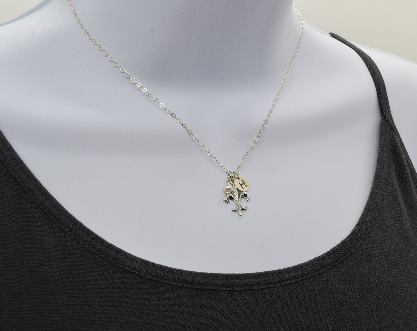 Sterling Silver Fleur-de-Lis Charm Necklace with optional initial and birthstone