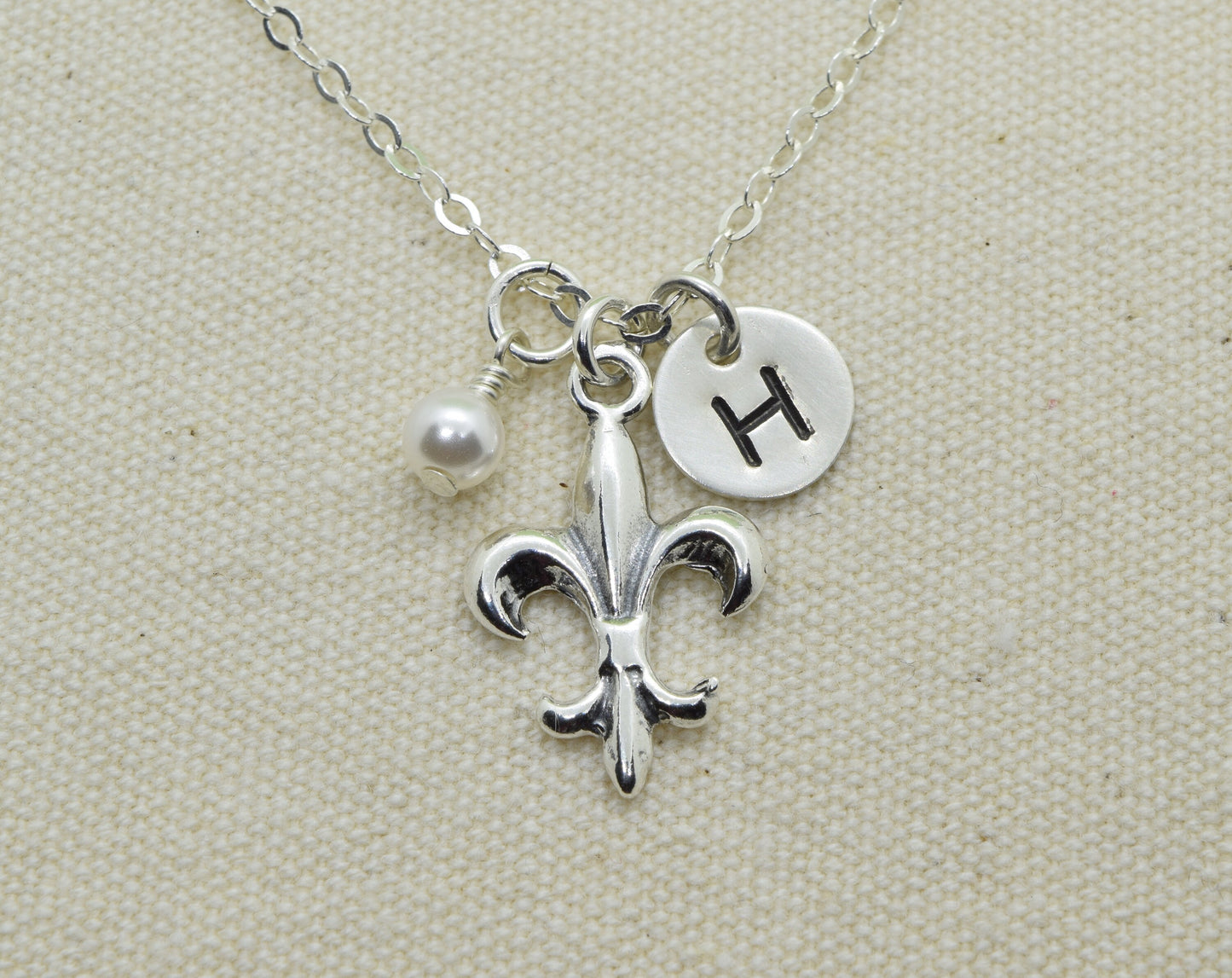 Sterling Silver Fleur-de-Lis Charm Necklace with optional initial and birthstone