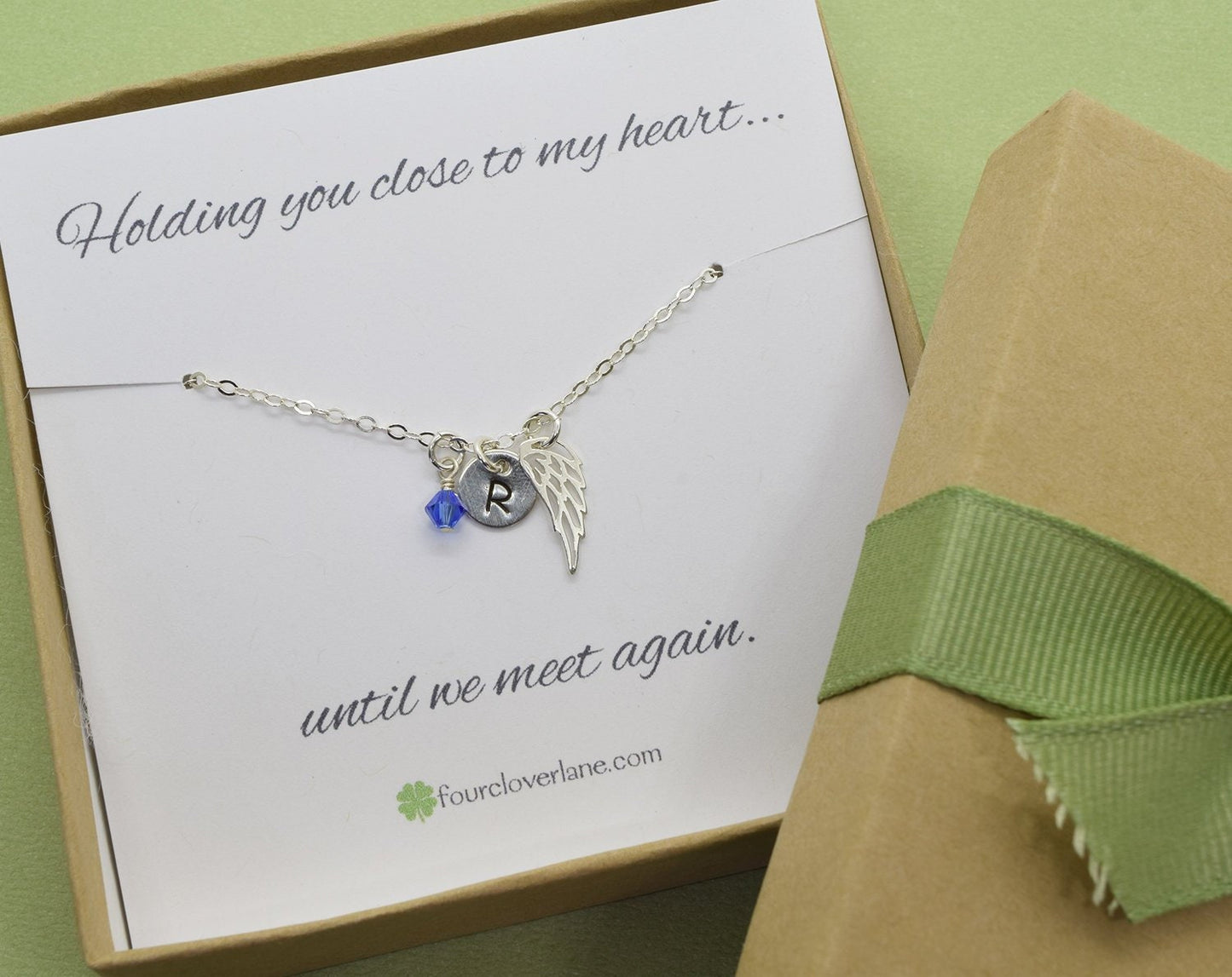 Sterling Silver Memory Wing Charm Necklace with Birthstone and Initial