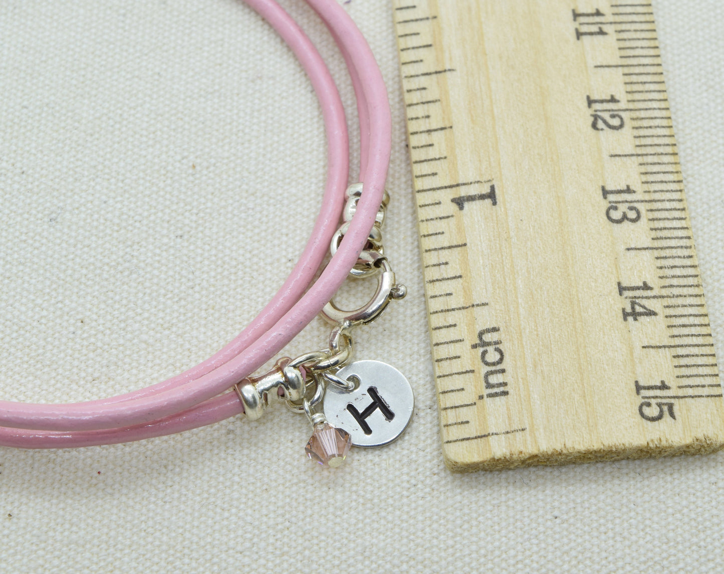 Sterling Silver Initial Leather Wrap Bracelet with Birthstone Crystal