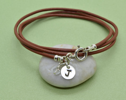 Sterling Silver Initial Leather Wrap Bracelet with Birthstone Crystal