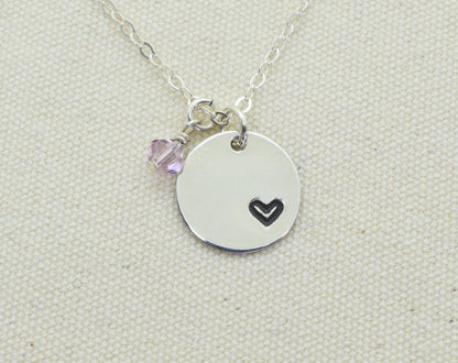 Sterling Silver Tiny Heart in a Circle Charm Necklace, Add a Birthstone - Cloverleaf Jewelry