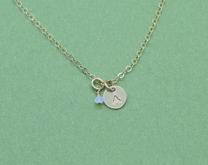Tiny Gold Initial Necklace with Birthstone Crystal - Cloverleaf Jewelry