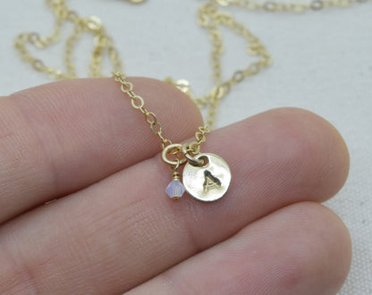 Tiny Gold Initial Necklace with Birthstone Crystal - Cloverleaf Jewelry