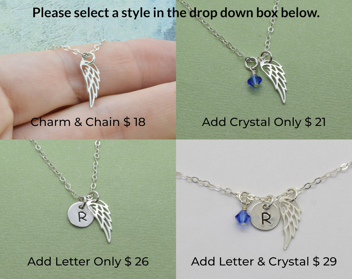 Sterling Silver Memory Wing Charm Necklace with Birthstone and Initial