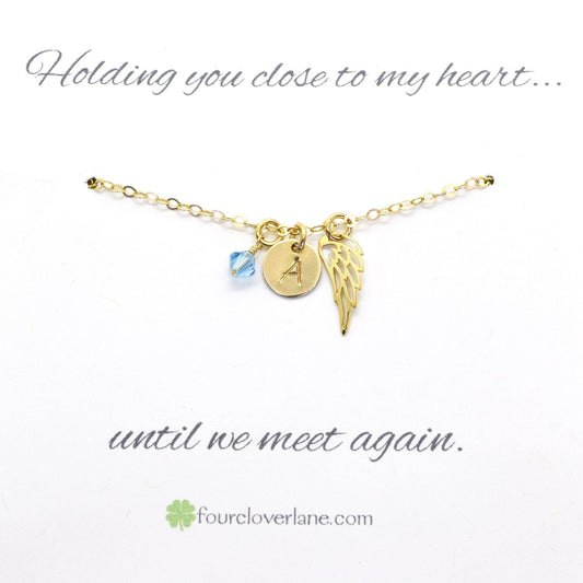 Gold Memory Wing Charm Necklace with Birthstone and Initial