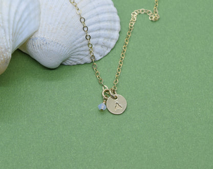 Tiny Gold Initial Necklace with Birthstone Crystal - Cloverleaf Jewelry