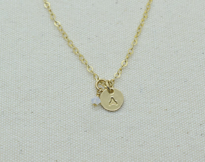 Tiny Gold Initial Necklace with Birthstone Crystal - Cloverleaf Jewelry