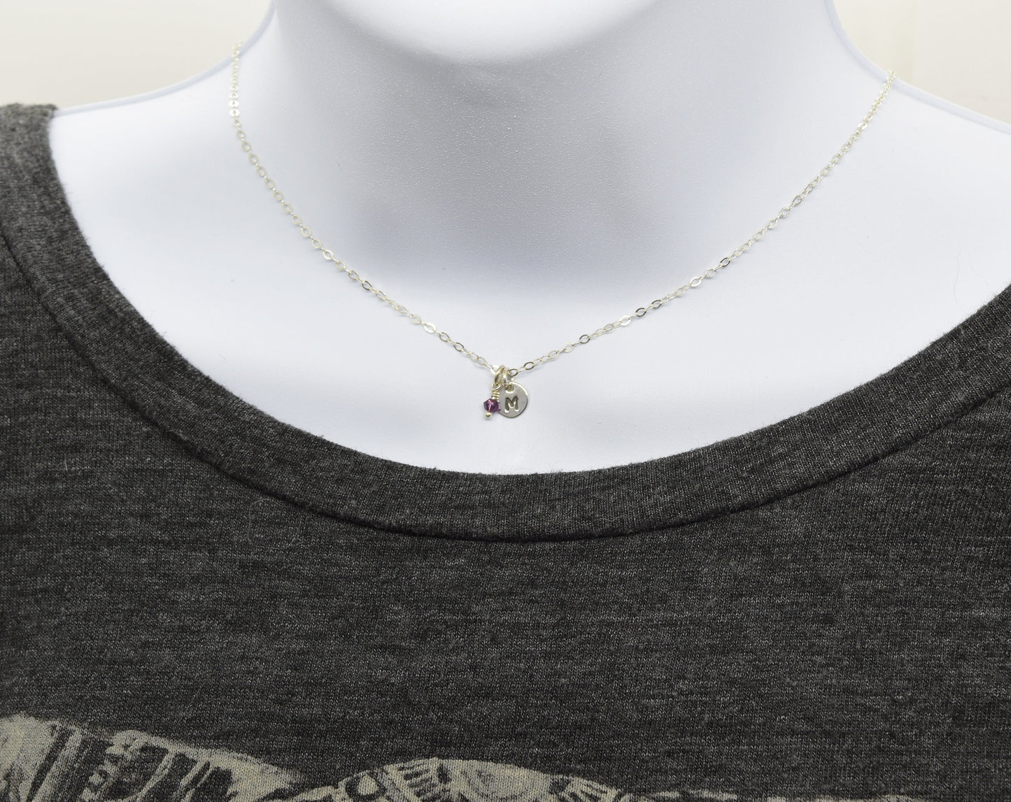 Tiny Silver Initial Necklace with Birthstone Crystal