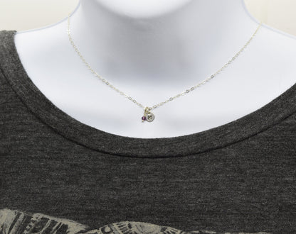 Tiny Silver Initial Necklace with Birthstone Crystal - Cloverleaf Jewelry