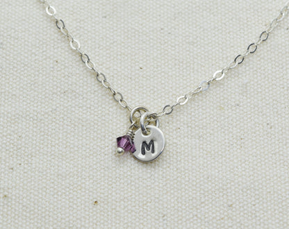 Tiny Silver Initial Necklace with Birthstone Crystal - Cloverleaf Jewelry