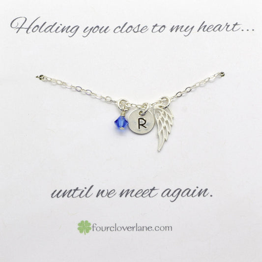 Sterling Silver Memory Wing Charm Necklace with Birthstone and Initial