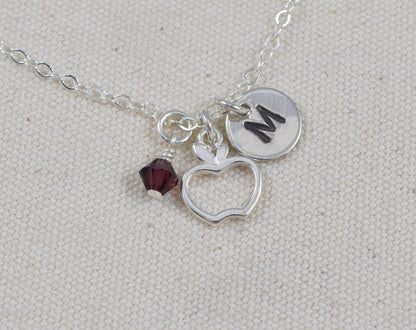 Apple Charm Necklace in Sterling Silver, Add Initial or Birthstone - Cloverleaf Jewelry