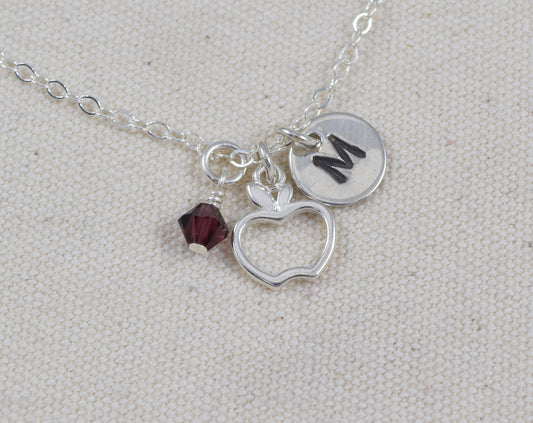 Apple Charm Necklace in Sterling Silver, Add Initial or Birthstone