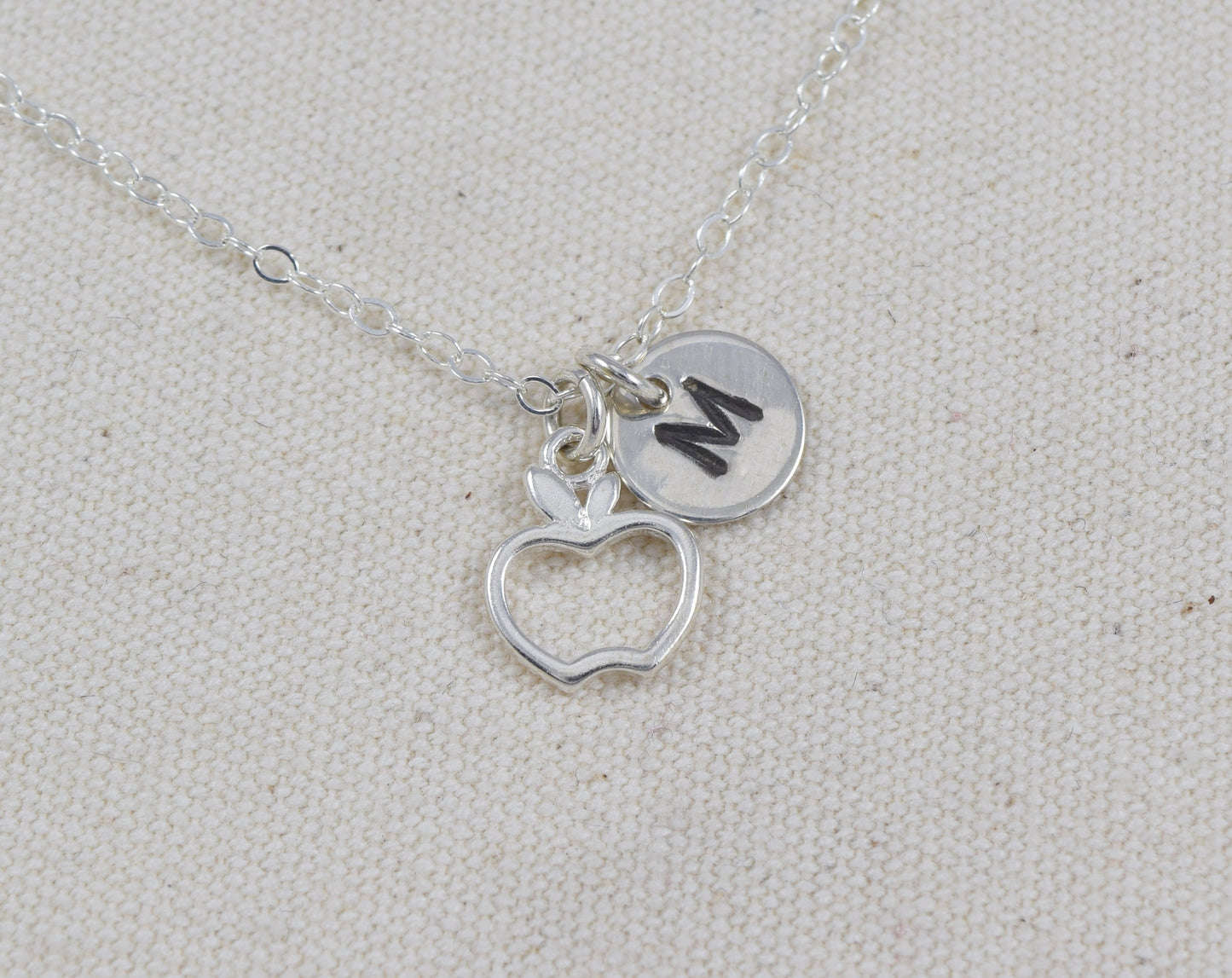 Apple Charm Necklace in Sterling Silver, Add Initial or Birthstone