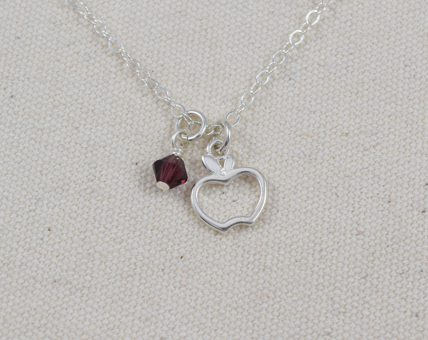 Apple Charm Necklace in Sterling Silver, Add Initial or Birthstone