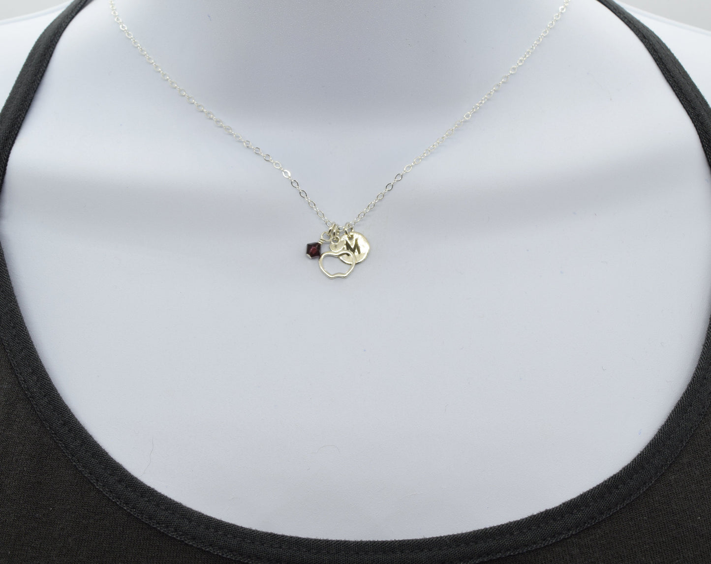 Apple Charm Necklace in Sterling Silver, Add Initial or Birthstone