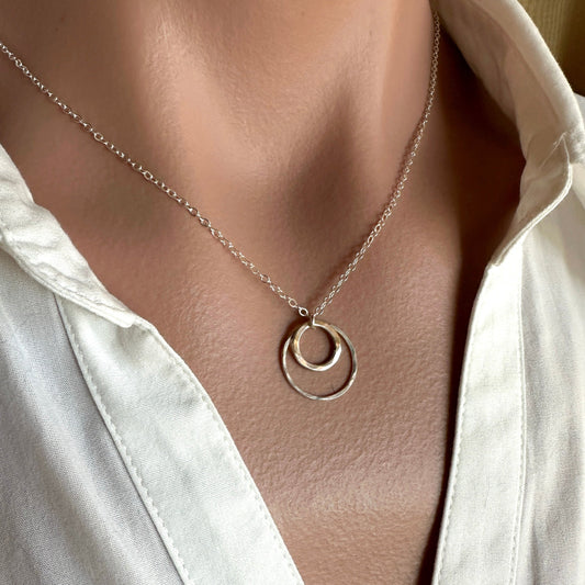 Joy Double Circles Silver Hammered Necklace