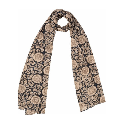 Long Cotton Scarf Featuring Floral Damask Pattern in Black and Beige