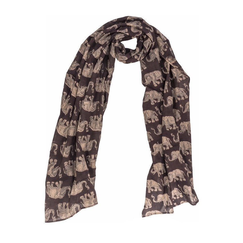 Long Cotton Scarf Featuring Elephants in Gray and Black