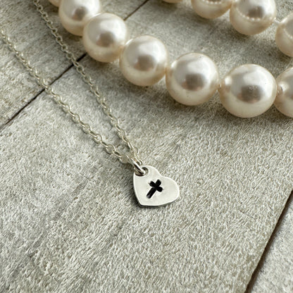 Tiny Silver Heart Charm with Cross Necklace - Cloverleaf Jewelry