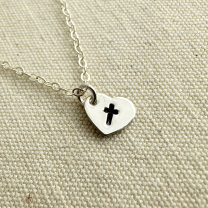 Tiny Silver Heart Charm with Cross Necklace - Cloverleaf Jewelry