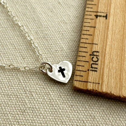 Tiny Silver Heart Charm with Cross Necklace - Cloverleaf Jewelry
