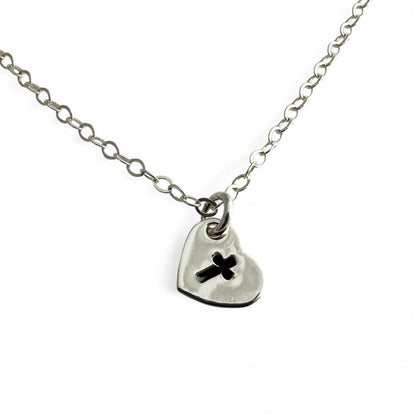 Tiny Silver Heart Charm with Cross Necklace - Cloverleaf Jewelry