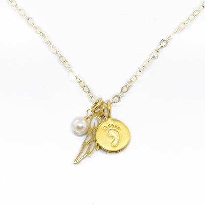 Gold Baby Foot Charm Necklace with Angel Wing Pendant and Pearl - Cloverleaf Jewelry