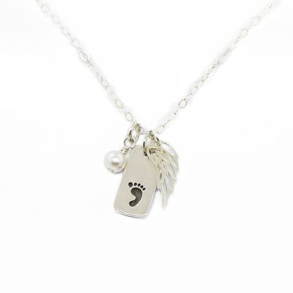 Sterling Silver Baby Foot Charm Necklace with Angel Wing - Cloverleaf Jewelry
