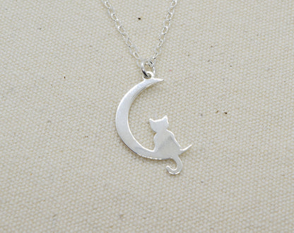 Sterling Silver Cat and Moon Charm Necklace - Cloverleaf Jewelry