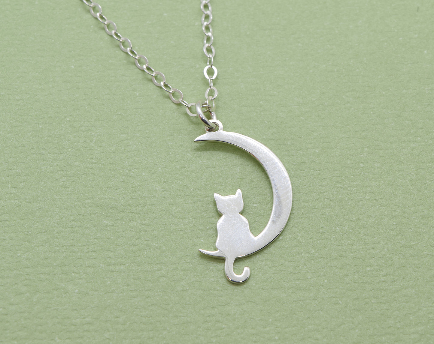 Sterling Silver Cat and Moon Charm Necklace